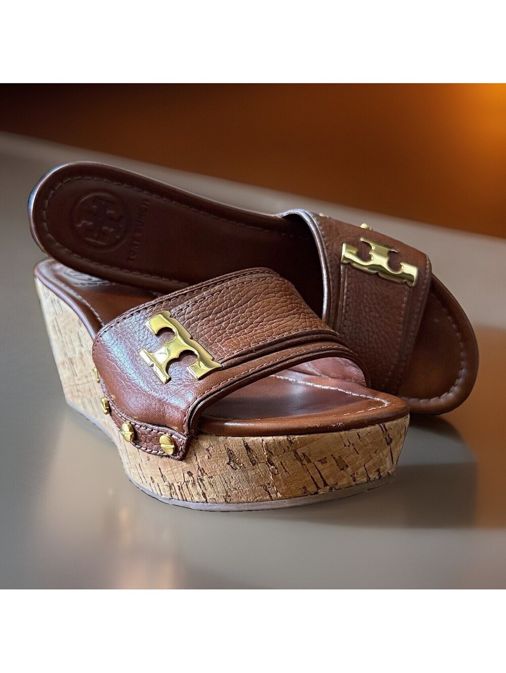 Tory Burch Brown Leather Cork Wedge Slide Sandals Gold Logo Size 7.5M